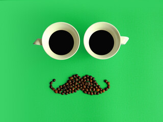 Creative layout made of coffee cups and coffee beans mustache against gradient green background....