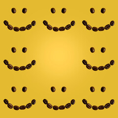 Creative layout made of coffee beans against gradient yellow background. Flat lay, copy space. Coffee art.