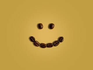 Creative layout made of coffee beans against gradient yellow background. Flat lay, copy space. Coffee art. Smile face shape.