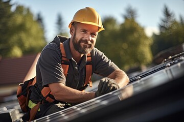 Worker installing solar panels on a roof.  - obrazy, fototapety, plakaty