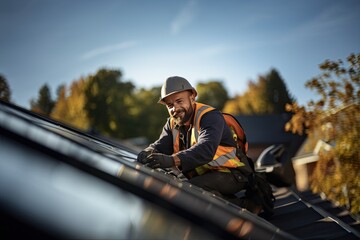 Worker installing solar panels on a roof. 
