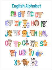 Fototapeta premium Animal alphabet vertical poster for preschool and elementary children. Baby kawaii animals and capital letters alphabetical order. Cartoon animals clipart for abc learning. English language for kids.