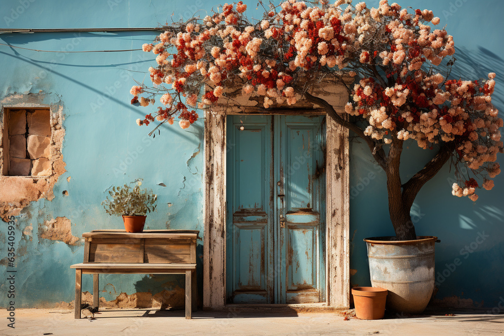 Poster a faded turquoise door adorned with potted plants, epitomizing the charm of mediterranean architectu