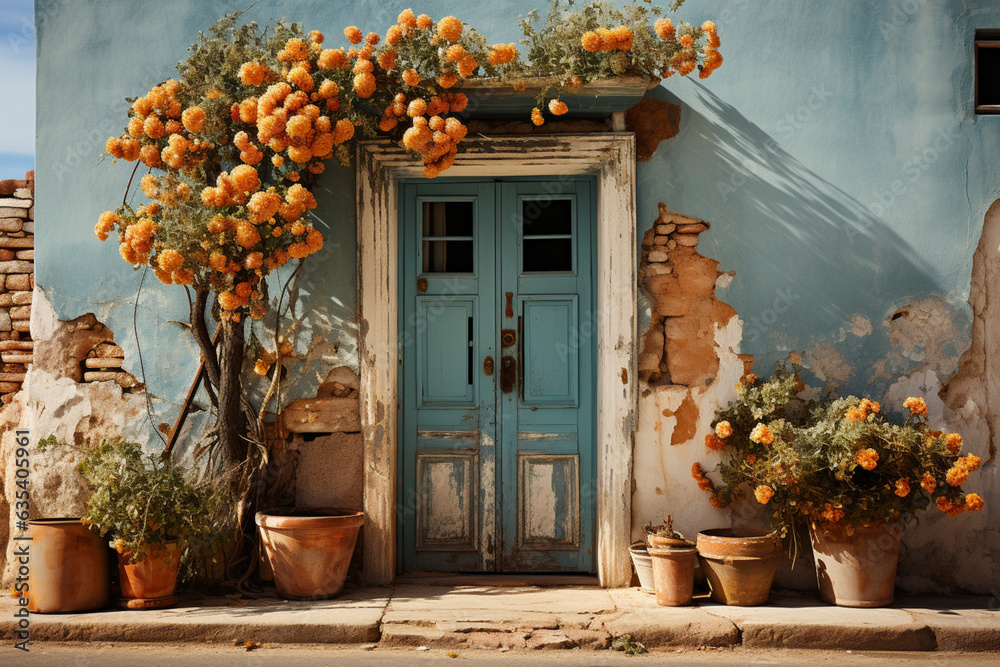 Aufkleber a faded turquoise door adorned with potted plants, epitomizing the charm of mediterranean architectu