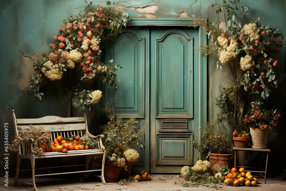 Poster a faded turquoise door adorned with potted plants, epitomizing the charm of mediterranean architectu