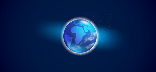 Abstract blue light bulb with planet Earth inside. Earth hour ecology concept. Low poly style design. Geometric background. Wireframe light connection structure. Modern 3d graphic.