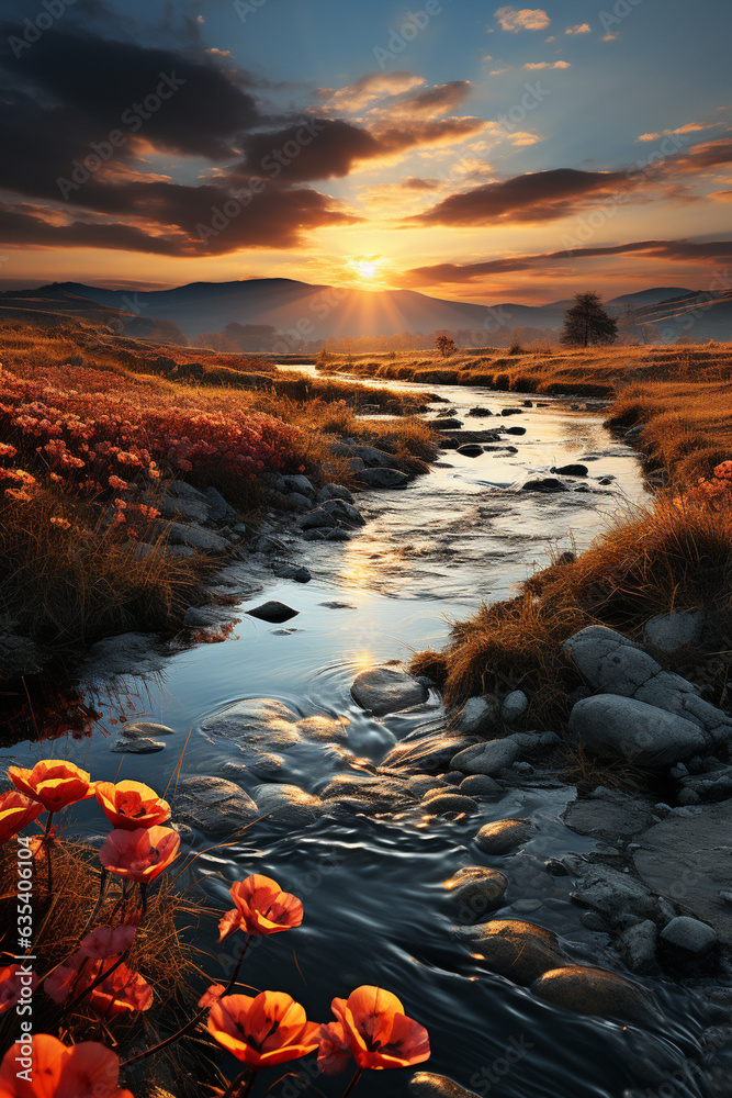 Poster a bulrush marsh against a backdrop of rolling hills, combining water and land elements in harmony. g