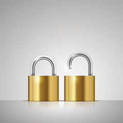 Vector 3d Realistic Closed Metal Golden and Gold Padlock Icon Set Closeup Isolated on White Background. Design Template of Gold, Steel Lock for Protection Privacy, Web and Mobile Apps, Logo