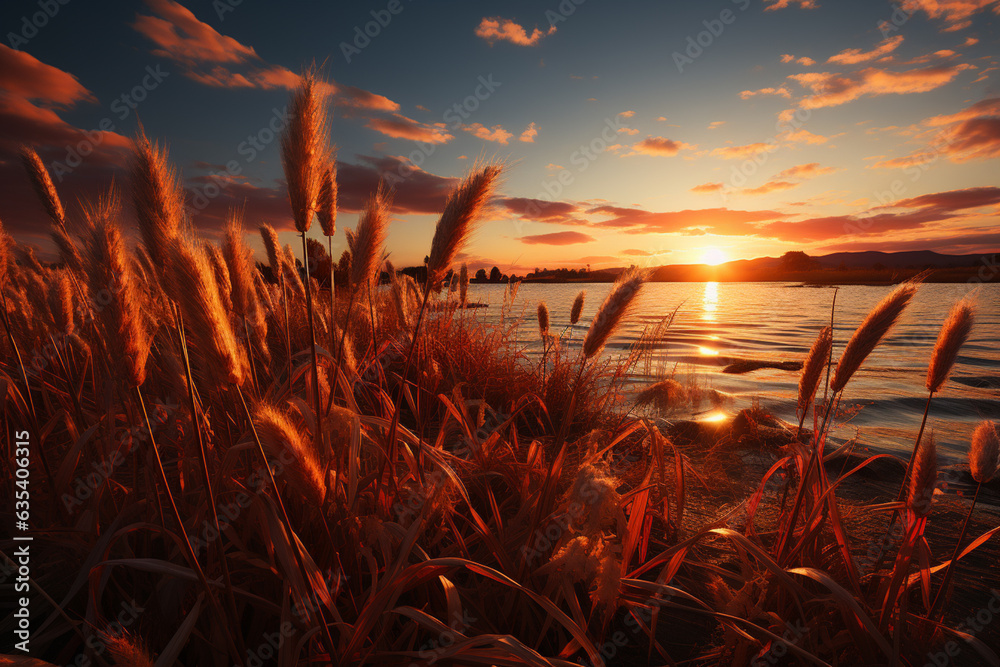Aufkleber a golden sunset casting warm hues on a field of bulrushes, creating a magical and serene atmosphere.