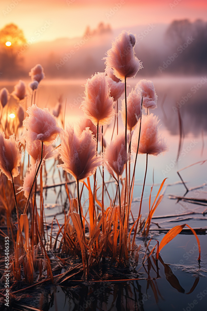 Aufkleber a misty morning scene with bulrushes rising from the water's edge, enveloped in a soft, ethereal lig