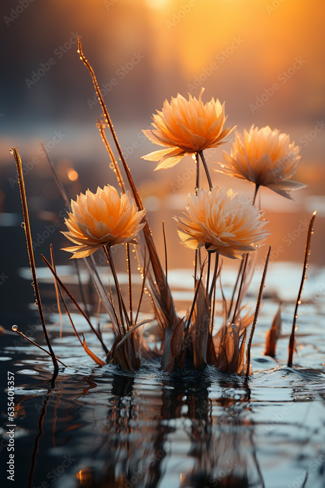 Aufkleber a misty morning scene with bulrushes rising from the water's edge, enveloped in a soft, ethereal lig