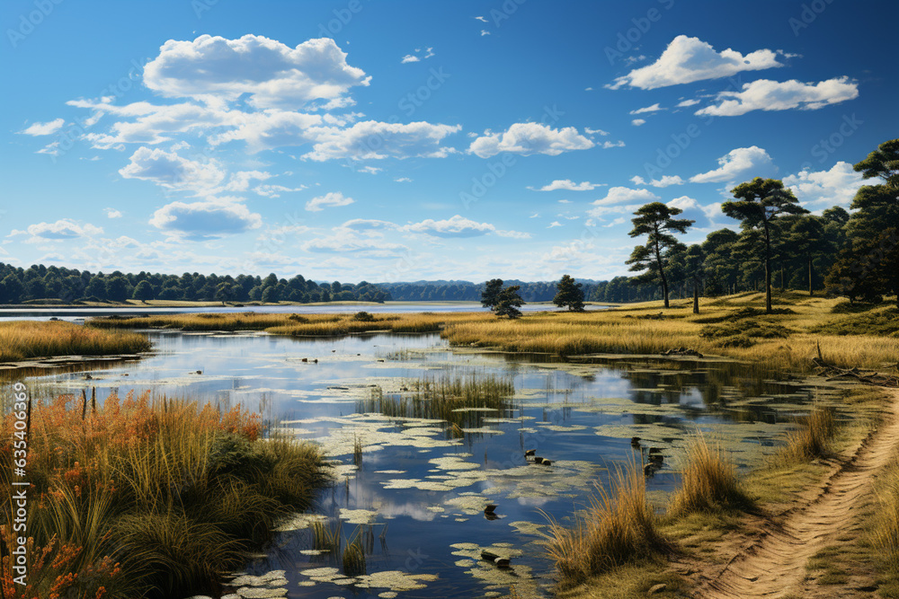 Aufkleber A serene lake with a lush bulrush marsh along the shoreline, reflecting in the calm water.  Generative AI technology.