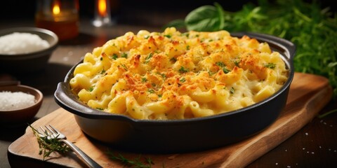Baked mac and cheese, the epitome of cheesy comfort. A family dinner table, where every forkful brings joy. 🧀🍽️🏡