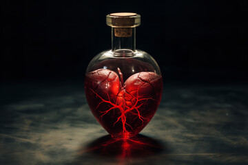 An artistic representation of love and life with a heart-shaped vial, delicately holding the essence of existence - blood