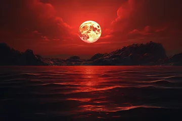 Fotobehang Nature's wonders magnified with the mesmerizing sight of a blood moon illuminating a tranquil sea, reflecting its crimson hue © Davivd