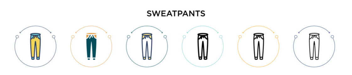Sweatpants icon in filled, thin line, outline and stroke style. Vector illustration of two colored and black sweatpants vector icons designs can be used for mobile, ui, web