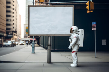 Astronaut near blank advertising billboard on a city street, display blank screen or signboard mockup for offers or advertisement, copy space