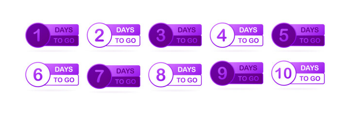 Days to go plates. Flat, purple, one more days to go. Vector icons