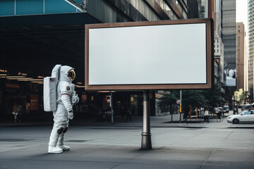 Astronaut looking at blank advertising billboard on a city street, display blank screen or signboard mockup for offers or advertisement, copy space - obrazy, fototapety, plakaty