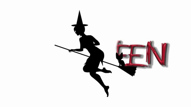animation, cartoon, video, footage, movement. A witch flying by on a broom and the inscription Halloween appears