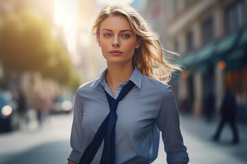 Beautiful entrepreneur businesswoman standing on the sidewalk in a city street. 30 year old...