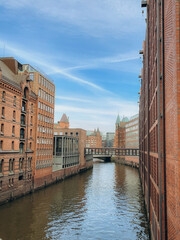 Fototapeta na wymiar View of the Speicherstadt in Hamburg during mid day, Hamburg, Germany