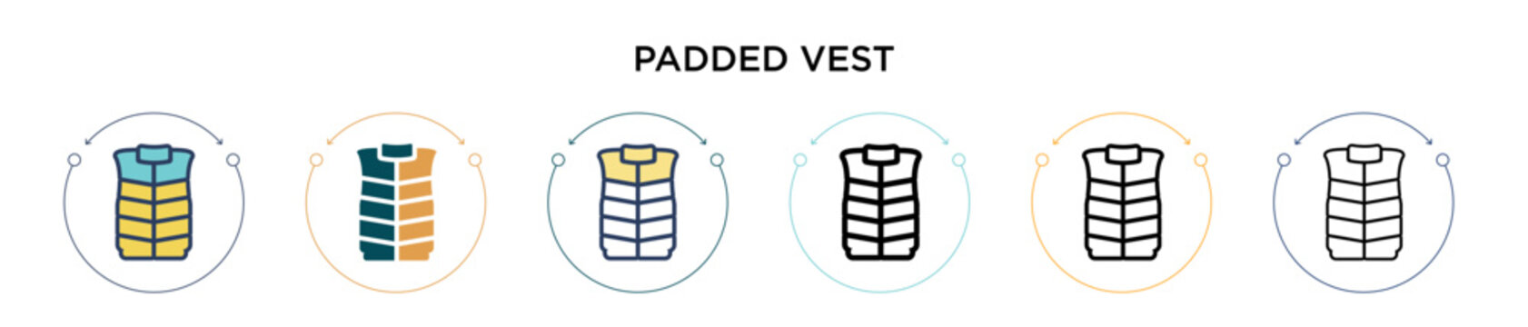 Padded vest icon in filled, thin line, outline and stroke style. Vector illustration of two colored and black padded vest vector icons designs can be used for mobile, ui, web