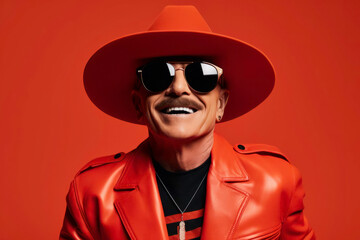 man with sunglasses and a red hat  in front of a red background
