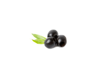 Tasty black olives with leaves isolated on white background. Vegan. Design.