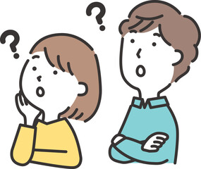 斜め上を見上げて疑問顔の若い夫婦のイラスト
