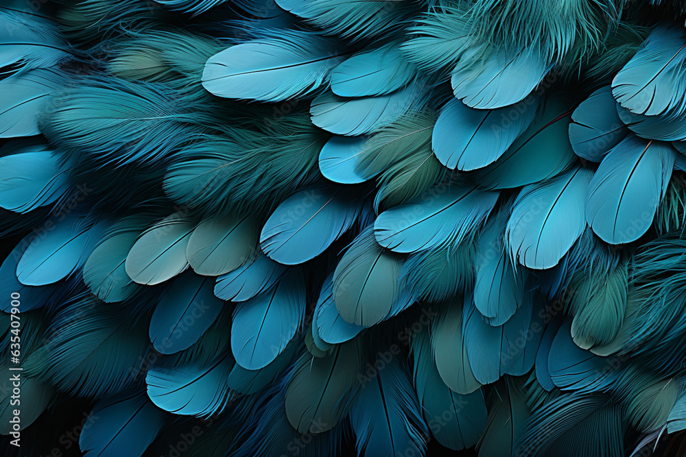 Poster beautiful blue trends feather pattern texture background. macro photography view. generative ai tech