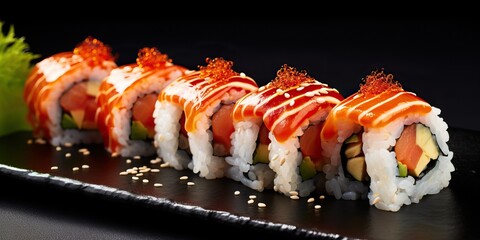 apanese Rolled Sushi with Ginger and Soy Sauce Sushi with salmon, tuna, shrimp