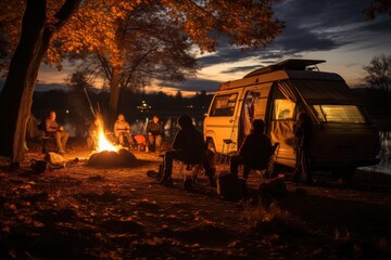 Autumn Camping Campers gathered around a fire - stock photo concepts