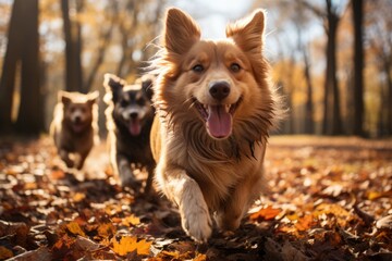 Autumn Canine Friends Dogs playing fetch - stock photo concepts