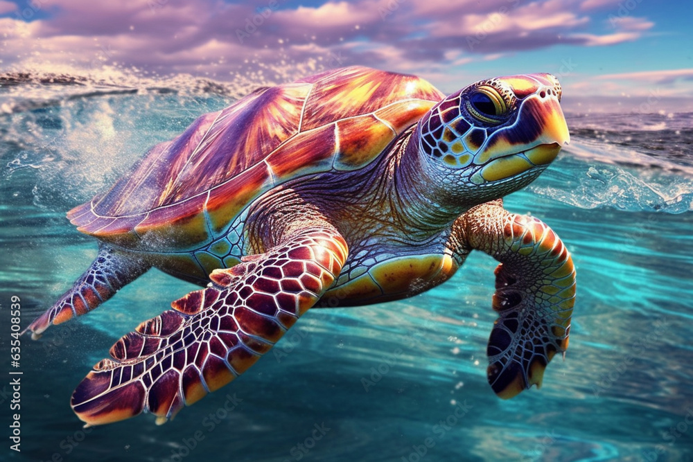Aufkleber A serene sea turtle gliding through the water, its shell decorated with swirling patterns of dripping paint, symbolizing the tranquility and grace of these ancient reptiles.  Generative AI technology.