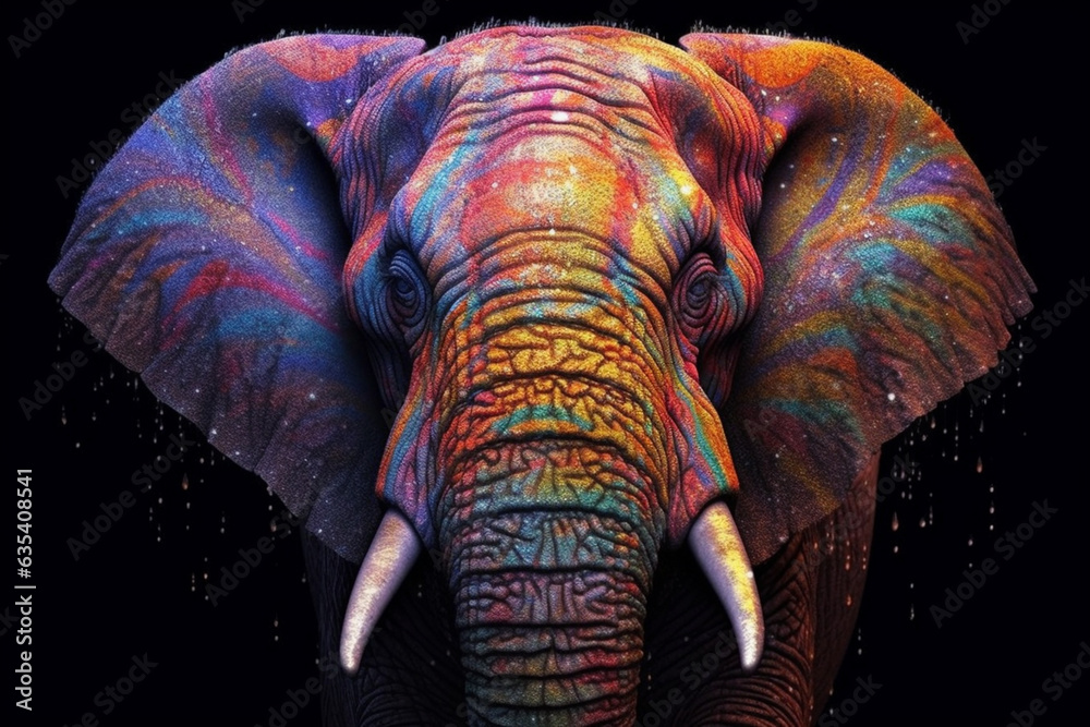 Poster a gentle elephant with intricate paint drips adorning its wrinkled skin, capturing the wisdom and ge