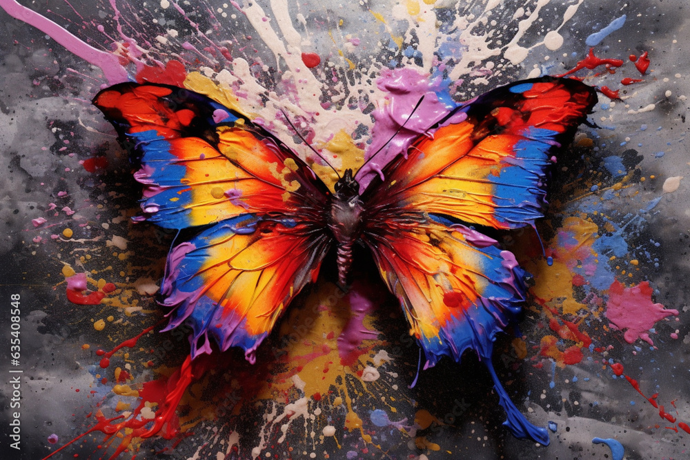 Poster a vibrant butterfly with wings adorned in a mosaic of colorful paint drips, capturing the ethereal a