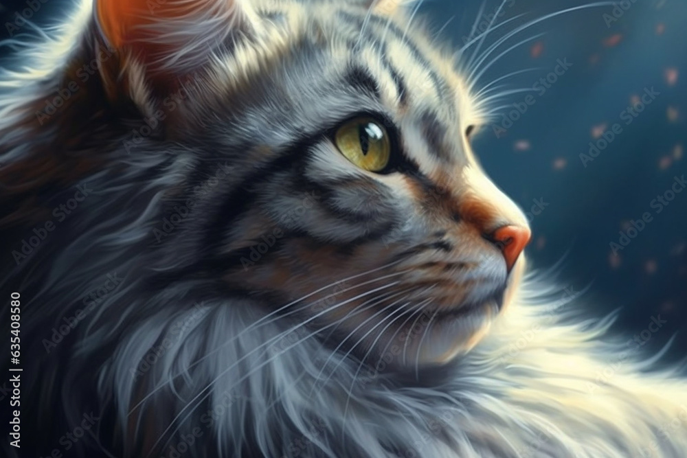 Poster a serene and contented cat with fur decorated in subtle and soft paint drips, representing the calm 