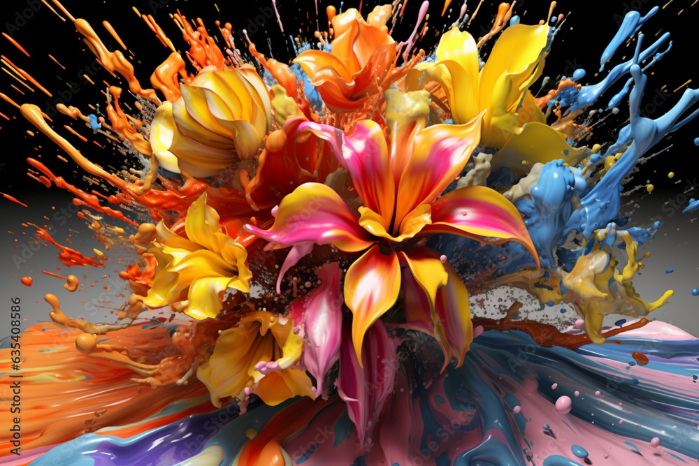 Aufkleber A vibrant and abstract painting of a flower bouquet with colorful paint drips flowing down the canvas, creating a dynamic and energetic composition. Generative AI technology.