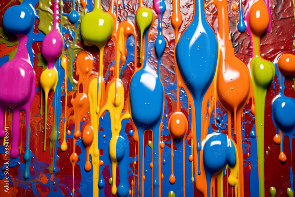 Poster A colorful and abstract wall mural featuring intricate paint drips, transforming a plain surface into a vibrant and eye-catching work of art. Generative AI technology.