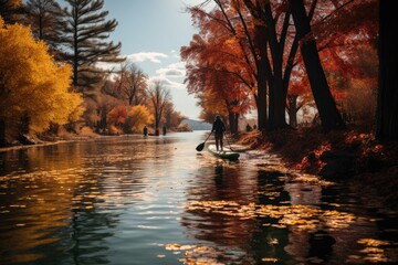 Autumn Paddleboarding Paddleboarders on a tranquil lake - stock photo concepts