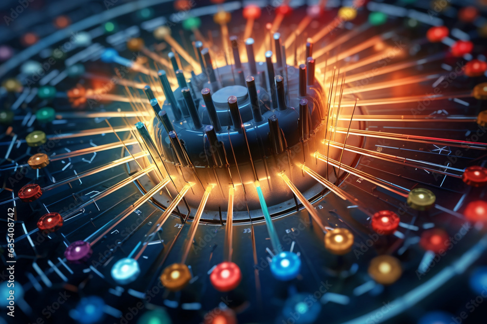 Poster An image of a central hub surrounded by interconnected spokes, symbolizing the role of data management and integration as a central point of control and coordination. Generative AI technology.