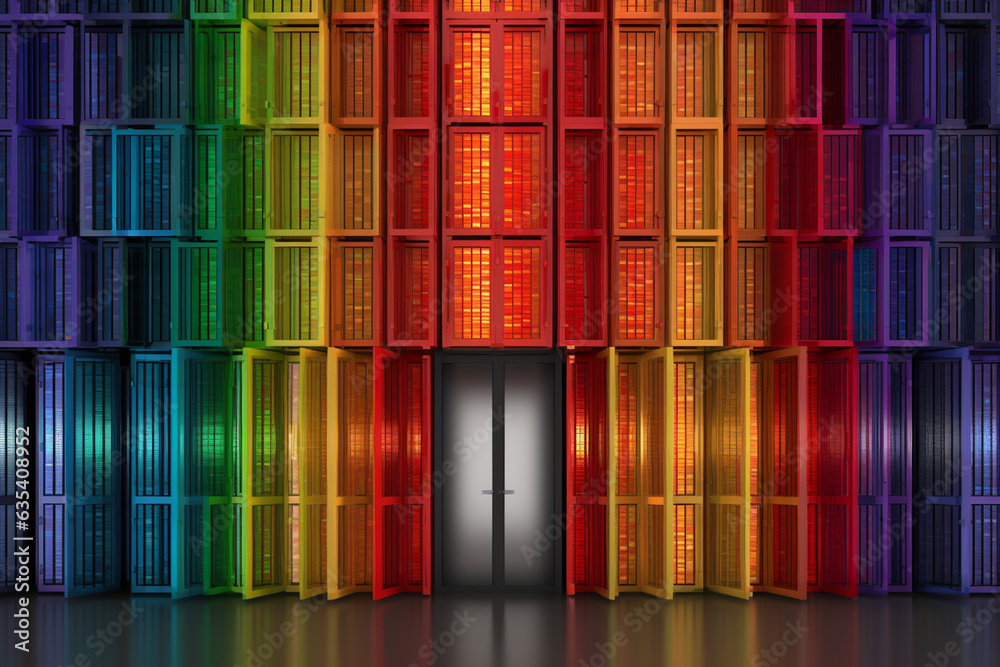 Poster an image of a data warehouse with multiple doors representing different data sources, emphasizing th