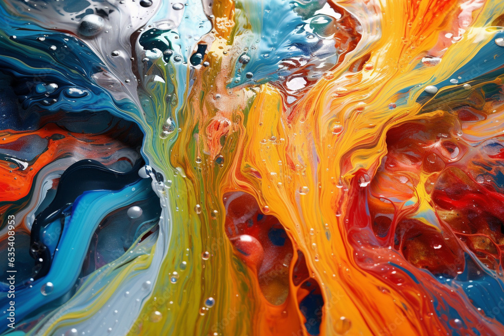 Aufkleber a colorful and abstract painting of a landscape with flowing rivers of paint drips, evoking a sense 