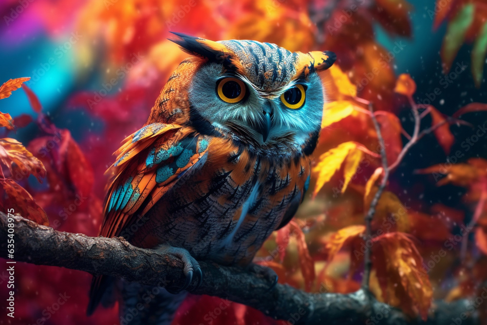 Poster a wise owl perched on a branch, its feathers splattered with a kaleidoscope of colors, symbolizing t