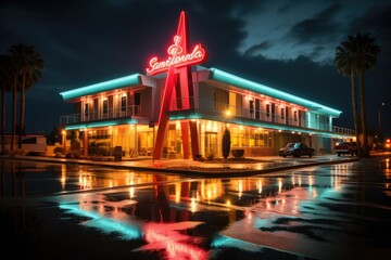 Capturing the neon glow of a classic motel sign - stock photo concepts - obrazy, fototapety, plakaty