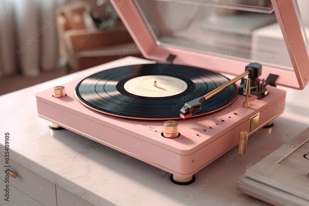 Leinwandbilder A stylish record player in a pastel pink color, adorned with gold trim and a transparent dust cover, adding a touch of elegance to any space. Generative AI technology.