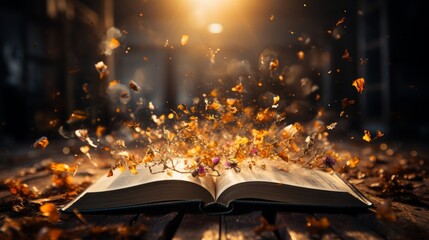 A open book with light streaming through the pages. AI generated
