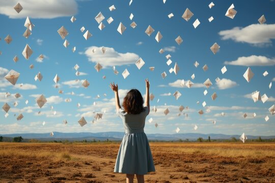 Chasing Dreams Person releasing paper airplanes - stock photo concepts