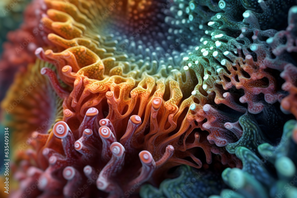 Poster The intricate patterns and textures of a piece of coral, capturing its unique shapes and formations. Generative AI technology.